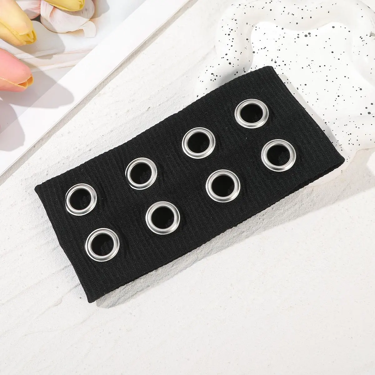 Punk Girl Fabric Hollow Elastic Headbands Metal Rock Personalized Hollow Eyelets Hair Band Casual Sports Grommet Headband
