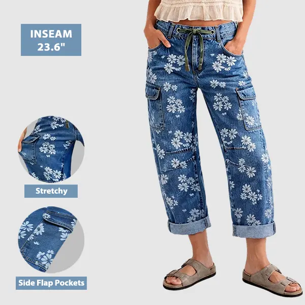 Flamingals Floral Print Roll Hem Drawstring High Waist Barrel Leg Crop Jeans Womenswear Stretchy 23.6" Inseam Flamingals Floral Print Roll Hem Drawstring High Waist Barrel Leg Crop Jeans Womenswear Stretchy 23.6" Inseam