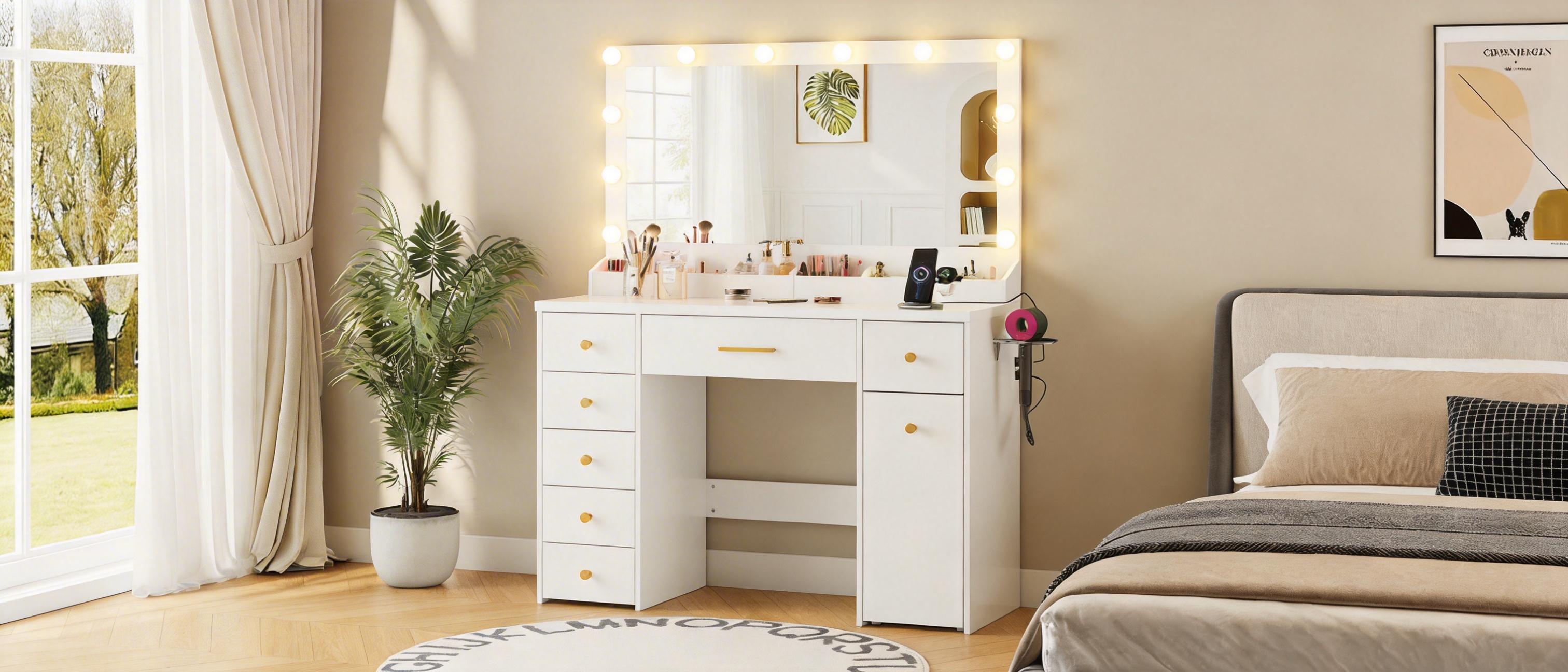LAKEMID Large Mirror Vanity with LED Lighting, featuring 12 Hollywood-style bulbs and three-color adjustable lighting (comes with a set of colored string lights). 7-drawer vanity with pull-out storage, bedroom vanity, white