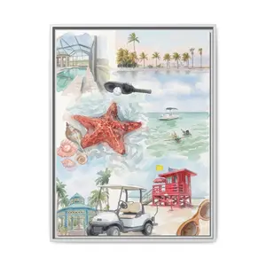 Starfish Beach Collage Matte Canvas Framed | Starfish Palm Trees Golf Cart
