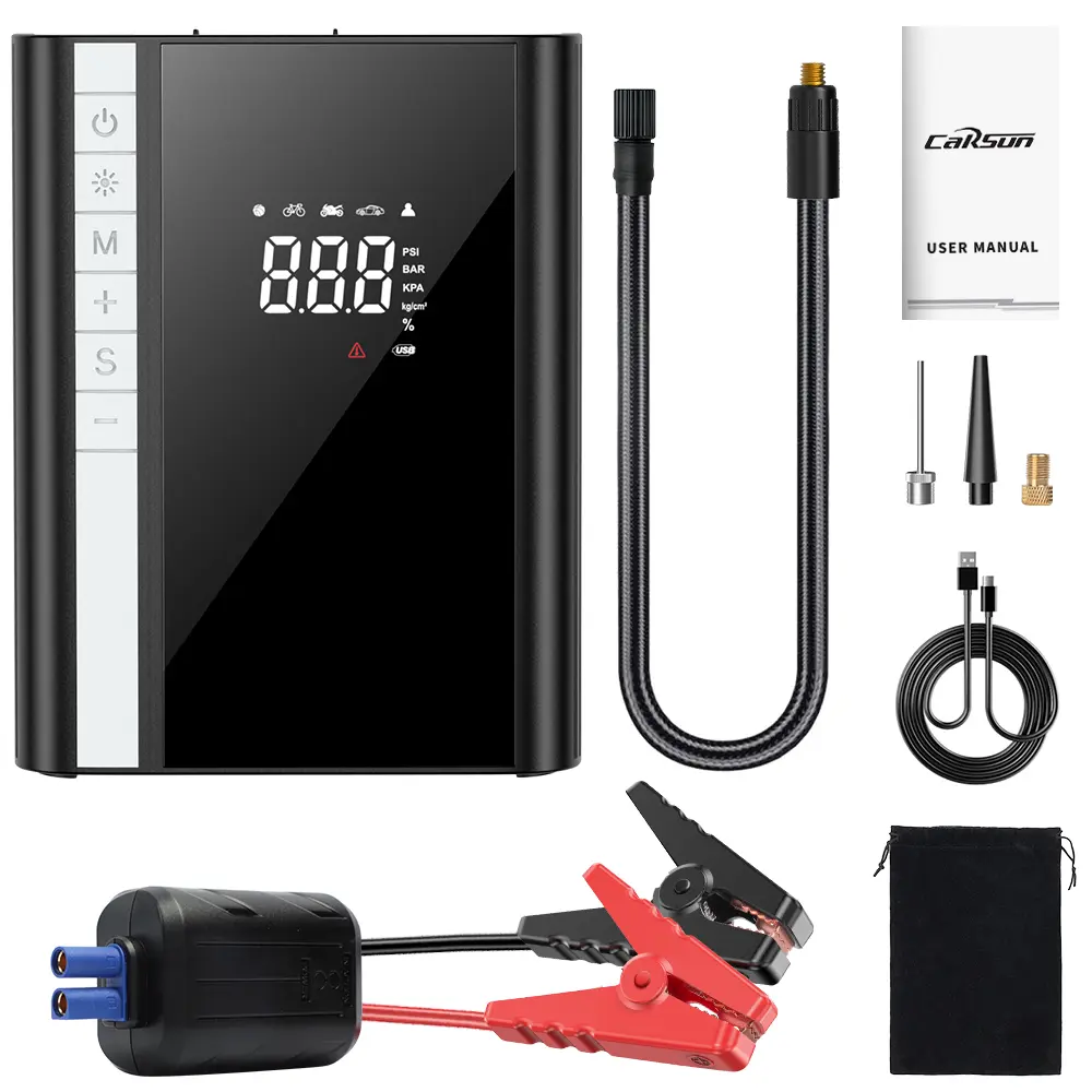 Jump Starter with Air Compressor, Peak Current 5000A 150PSI Battery Jumper Starter Portable (9.0 Gas/8.0L Diesel), 12V Jump Box Car Battery Jump Starter with Smart Jumper Cables, LED Light, LCD Display winter driving