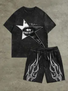 Men's Star & Fire Print Tee & Shorts Pyjama, Regular Fit Casual Comfy Round Neck Short Sleeve T-Shirt & Shorts PJ Set, Men's Sleepwear for Summer