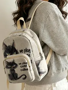 1 piece of black cat + weplayacalled 2D printed lady's backpack, corduroy texture + layered storage + lightweight and easy to carry | perfect for students to go to class/shopping/short trips | combination of atmosphere and practicality