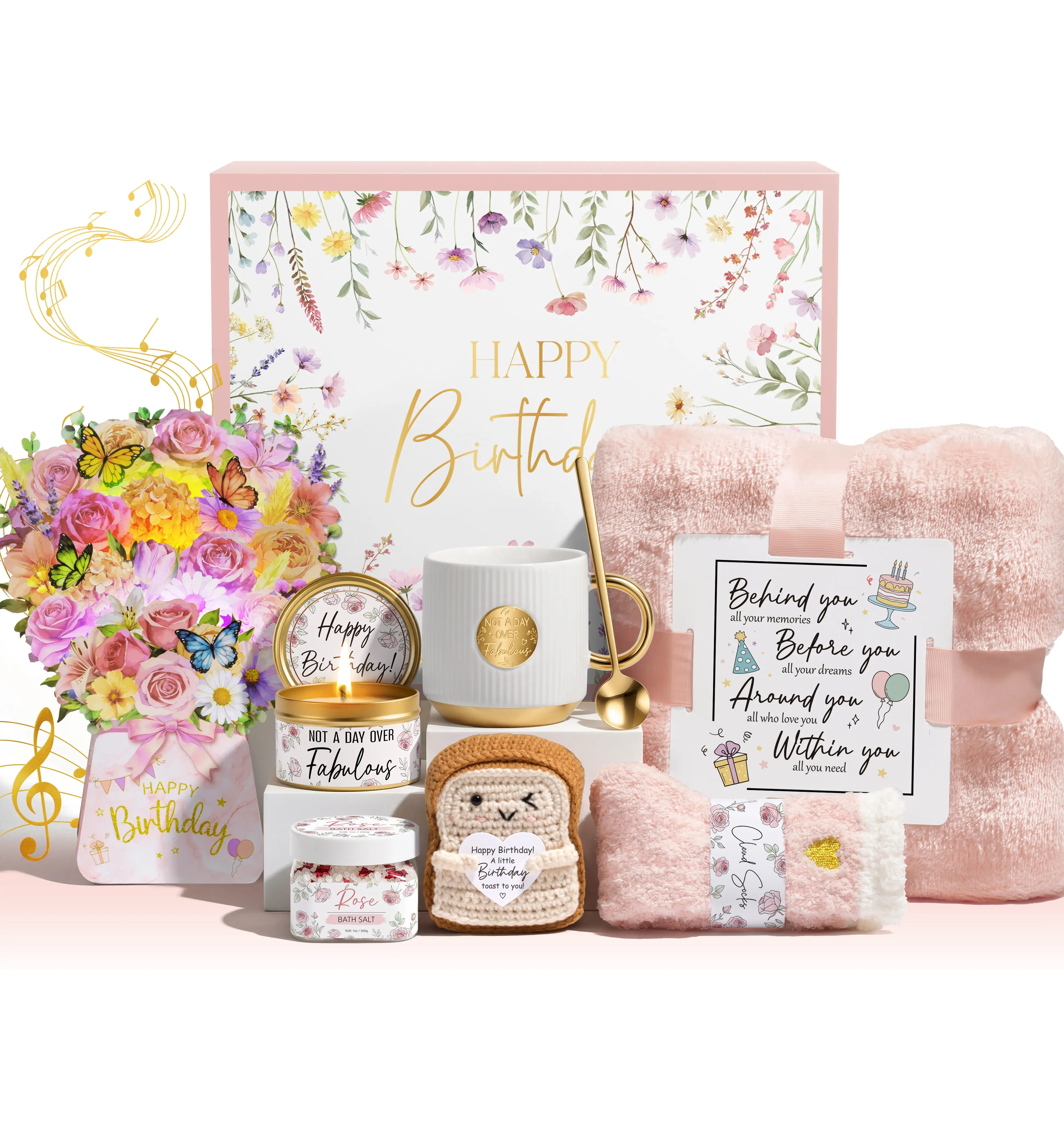 MAYICIVO Birthday Gift Basket for Women, Happy Birthday Gift Box for Mom, Sister, Best Friend, Daughter, Grandma, Girlfriend & Wife with 3D Pop-Up Musical Birthday Card, Unique Birthday Gift Set