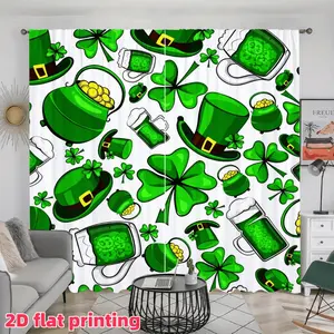 2D Flat 2Pcs St. Patrick's Day Printed Green Curtains, Shamrocks, Leprechaun Hats, Pot of Gold, Beer Pattern, Pole Pocket Style, Semi-Sunshade Polyester Fiber, Suitable for Home Living Room, Bedroom, Balcony, Kitchen, Study and Shower Wind