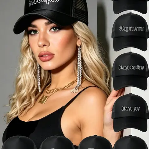1 Pc Women Black Mesh Zodiac Baseball Cap, Casual Style Breathable Cap, Multi-Scene Cap For Afternoon Tea/Urban Exhibitions/Short Trips/Café Visits/Weekend Shopping, Graphic Stylish Hat