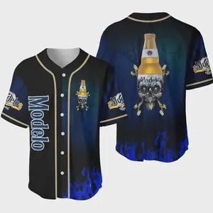 Modelo Beer Skull Blue Flame Baseball Jersey Dark Horror Print Oversized Unisex Streetwear Summer Casual Men Women USA Halloween Party Beer Lover Festival Shirt