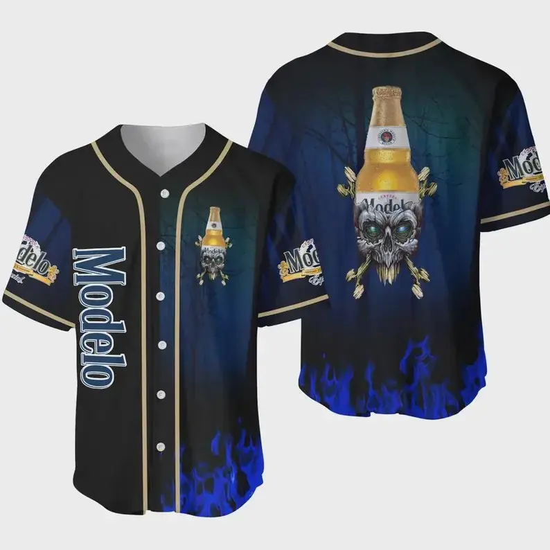 Modelo Beer Skull Blue Flame Baseball Jersey Dark Horror Print Oversized Unisex Streetwear Summer Casual Men Women USA Halloween Party Beer Lover Festival Shirt