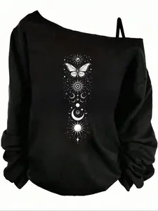 Women's Casual Long Sleeve Asymmetrical Neck Spaghetti Strap Top, Butterfly & Moon Print, Comfortable Fashion Summer Wear