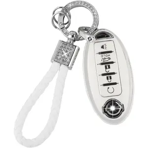 Car Key Cover for Nissan 5 Buttons Keys Fob Case TPU Bling Keychain for Nissan Altima Sentra Rogue Pathfinder Murano Armada Maxima Versa Girly Women White Silver