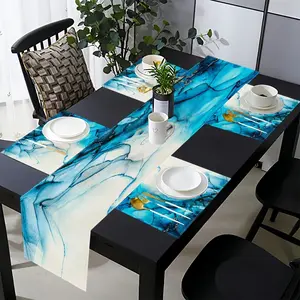 2D flat printing, 5-piece set/7-piece set table flag, dining mat, blue turquoise marble tablecloth, modern marble texture tablecloth, suitable for restaurant kitchen, wedding, holiday, party table decoration