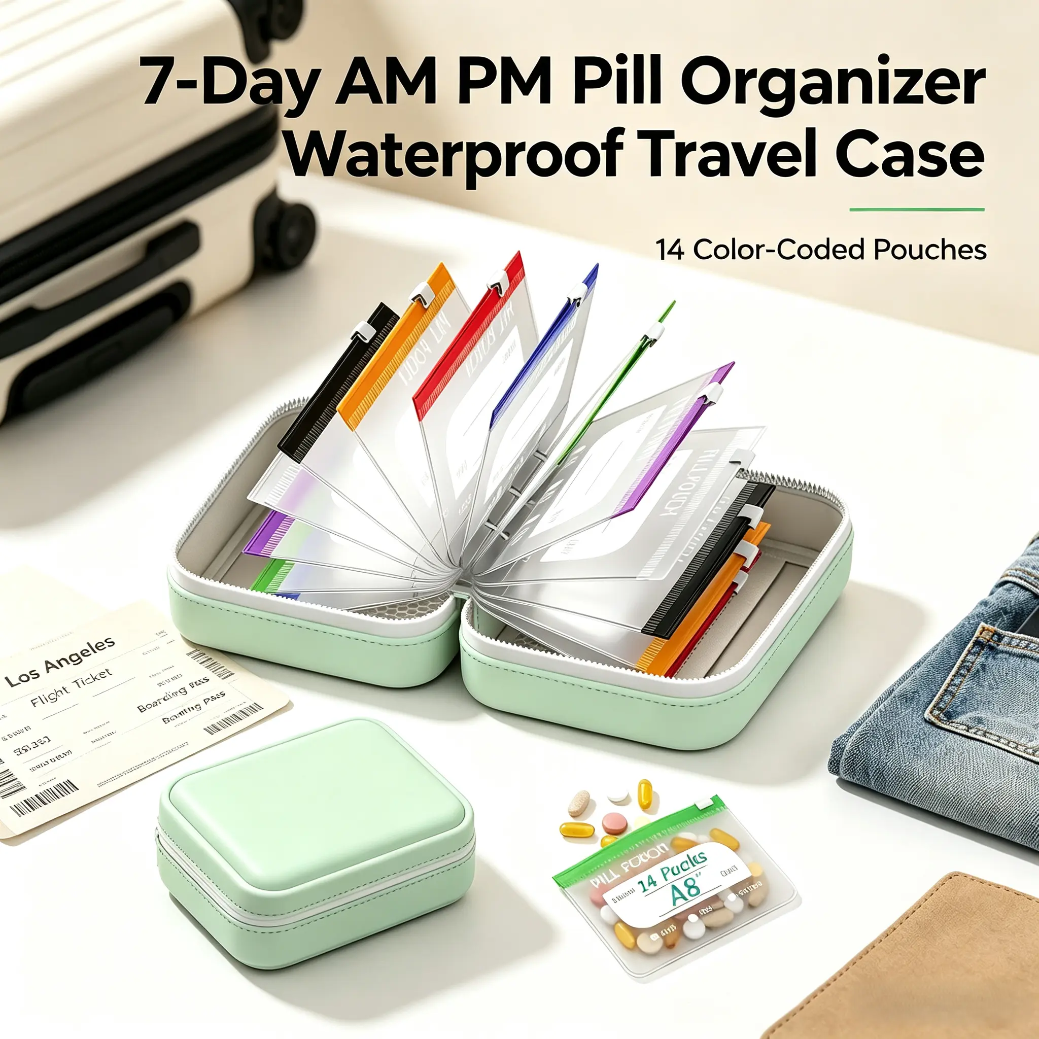 7-Day Travel Pill Organizer A8 - Waterproof Pill Pouch Set with 14 Color-Coded AM PM Medicine Bags, Reusable Zippered Travel Storage for Home Supplies Organization, 14 Medicine Bags