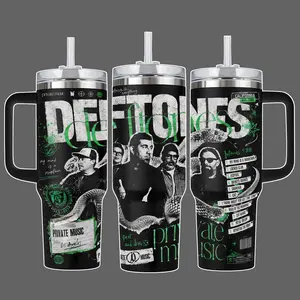 Deftones Private Music Rock Band Stainless Steel Insulated Tumbler Cup, Alternative Metal Full Wrap Design, 20oz/40oz with Straw Lid, 40oz with Handle, Gift for Deftones Fans Multicolor A-Z Letter