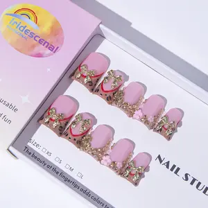 Iridescenal 10pcs-Y2K press on nail,duck nail, acrylic nail, 100%handmade, reusable, gold nail, nude, paired with French, bow, cross, 3D, butterfly, heart, suitable for daily wear, party， It is the best festival gift for girls and women.