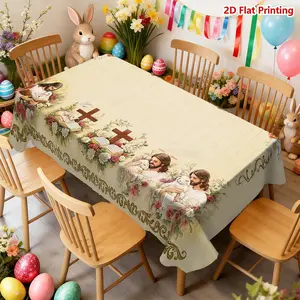 Easter Themed Tablecloth, Celebration, Holiday, Bunny, Flowers and Cross Patterns, Warm Image of Jesus Embracing A Lamb, Rustic Retro Style, Suitable for Home Decoration