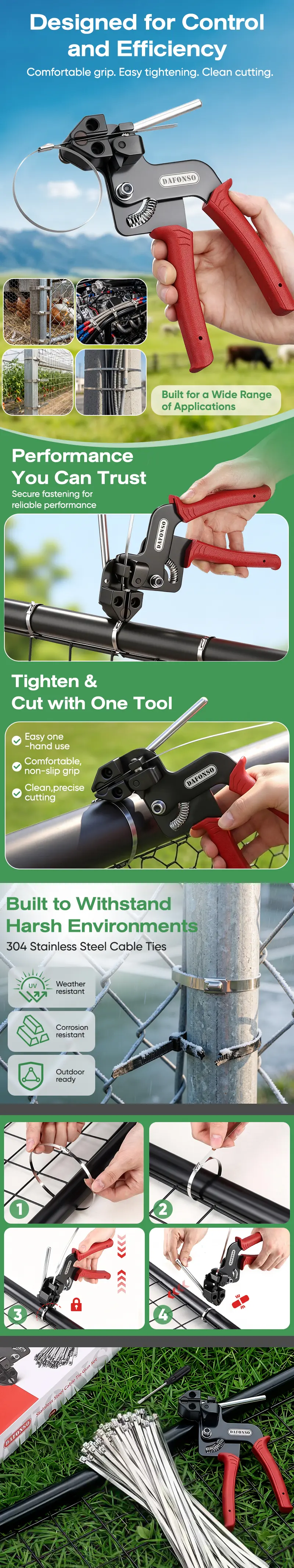 DAFONSO 304 SS Cable Ties Kit - 1 Metal Tensioning Gun, 1 Unlocking Tool, 110 Pcs 11.8" Heavy Duty Metal Zip Ties (200 Lbs Tensile Strength) - Fence Fix Ready Securing Tool for Chicken Coops, Outdoor Exhaust Wrap