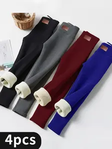 Women's Solid/Letter Embroidery Pocket Sports Leggings, Thermal Lined High Waist Skinny Pants, Ladies Warm Sportswear for Yoga Gym Workout, Tummy Control