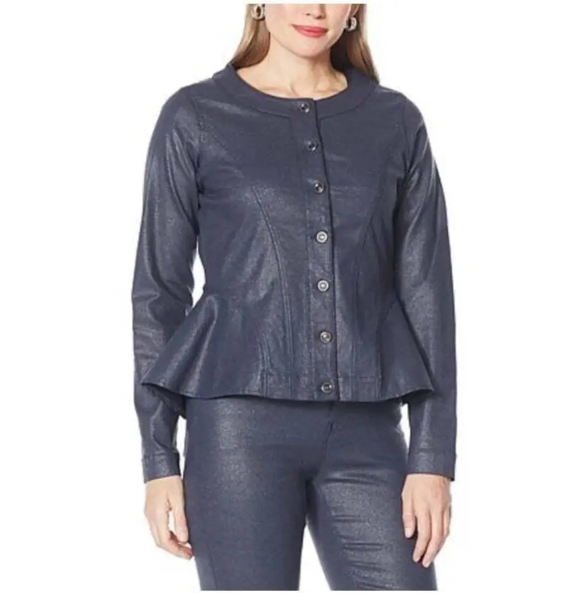 Diane Gilman Sparkle Peplum Denim Jacket Stretch Slim Coat Top Womenswear