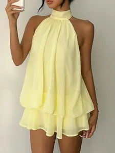 Chiffon Halter Backless Fitted Lightweight Mini Dress, Sexy Solid Beach Wear Vacation Holiday Ruffles Summer Dress