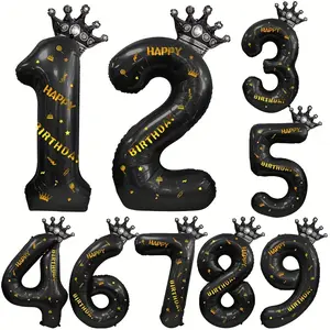 1Set 40Inch Foil Balloon Happy Birthday Stickers Black Crown 0-9 Number Balloon Birthday Party Decorations