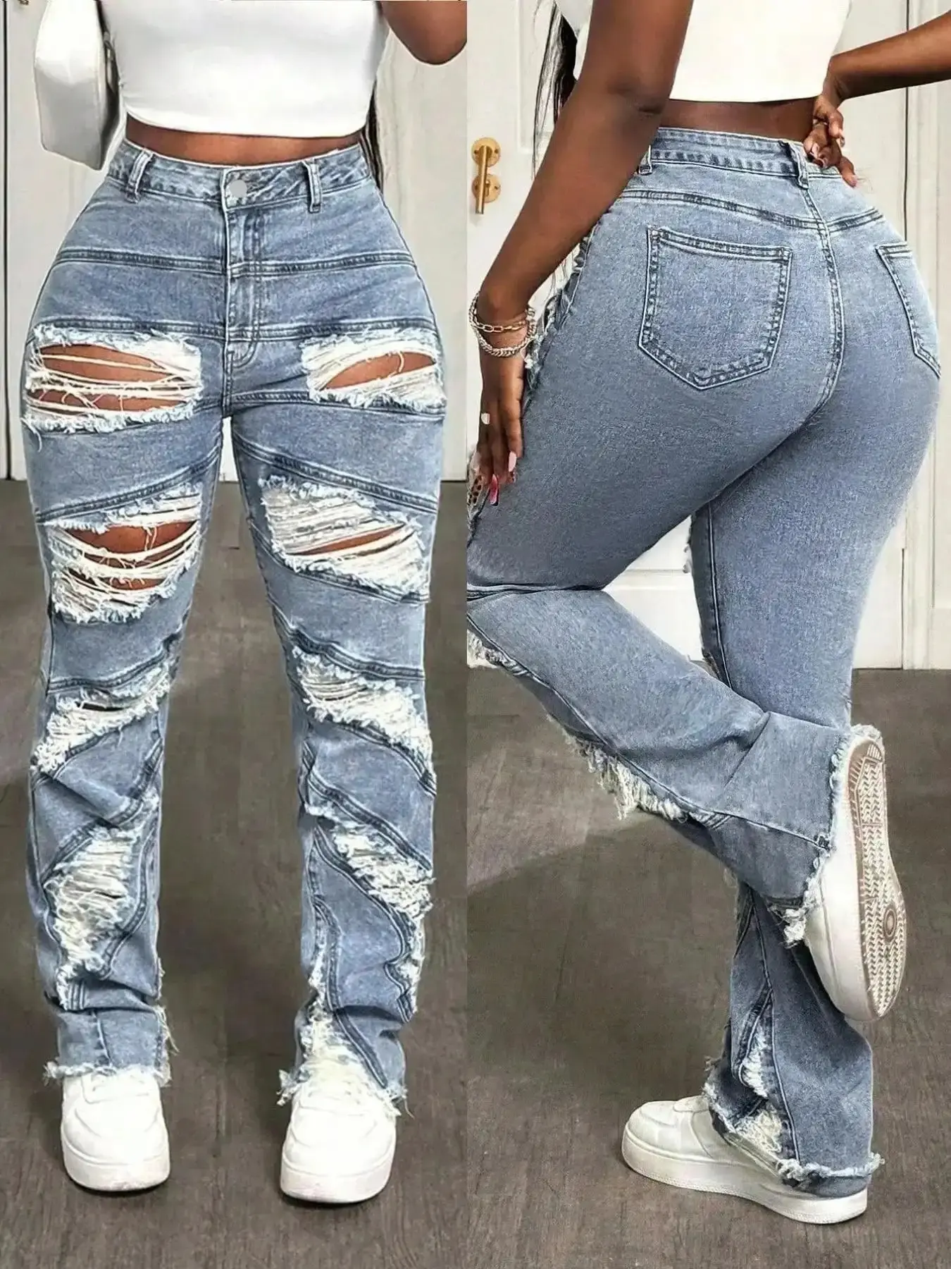 Women's New Fashion Casual Ripped Distressed Washed Denim Skinny Jeans, Elastic Comfortable Trendy Streetwear Fitted Design, Craftsmanship, Long Regular Fit Pants athleisure breathable
