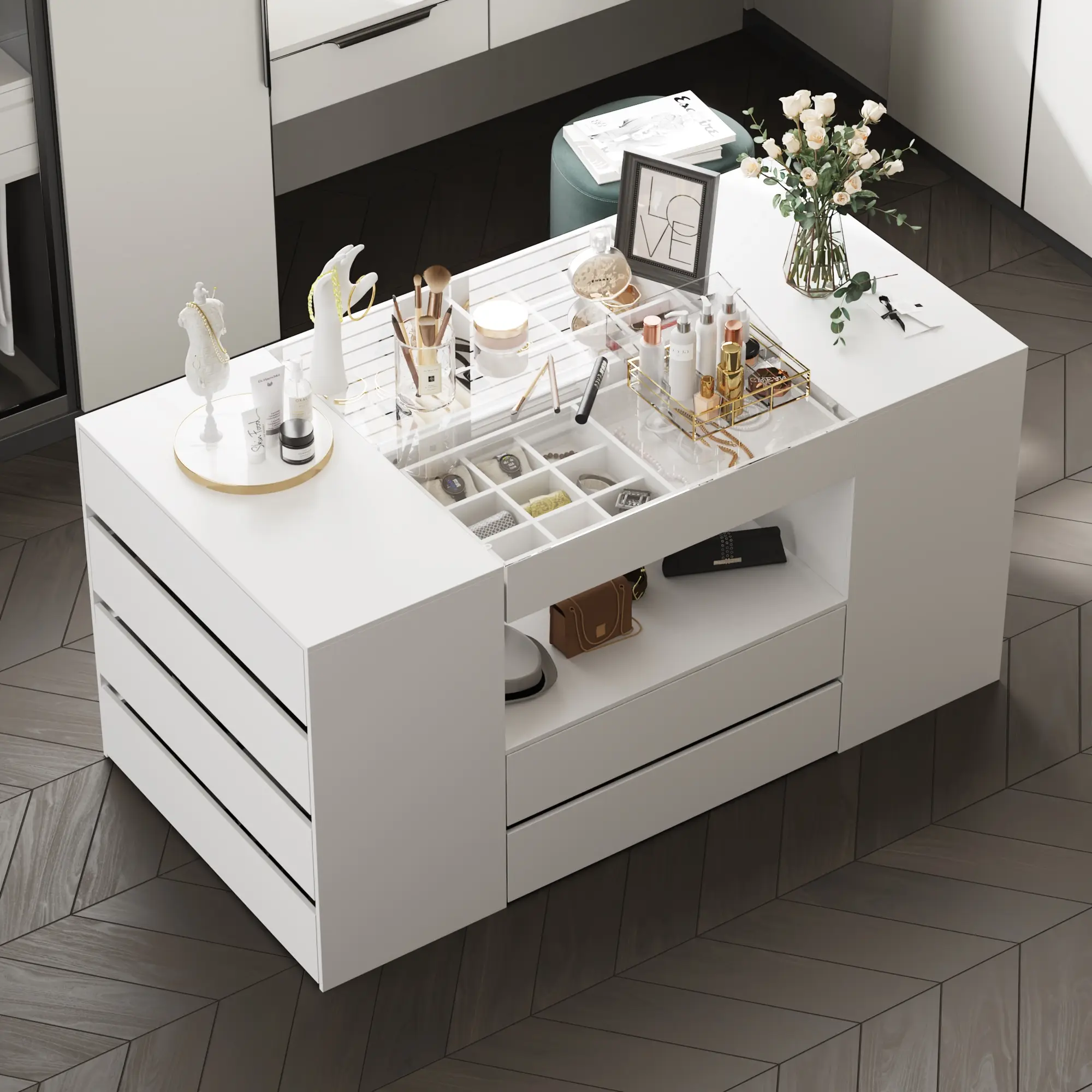 FUFU&GAGA Armoire Bedroom Island with Glass Tabletop & Display Shelf, Wardrobe Closet with 14 Drawers, Walk-in Closet Island Dresser for Bedroom
