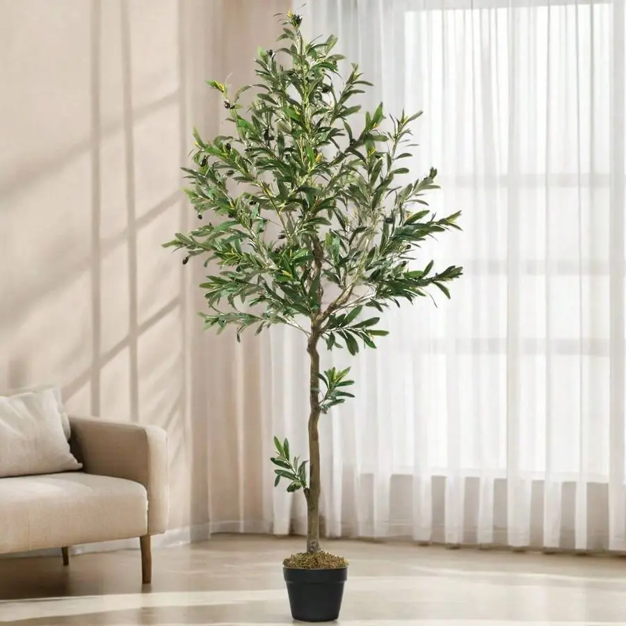 6FT Artificial Olive Tree Tall Fake Potted Olive Tree With Planter Natural Olive Branches And Realistic Leaves Lifelike Fruits- Faux Olive Tree For Home House Office Decor Indoor Decorative Plastic