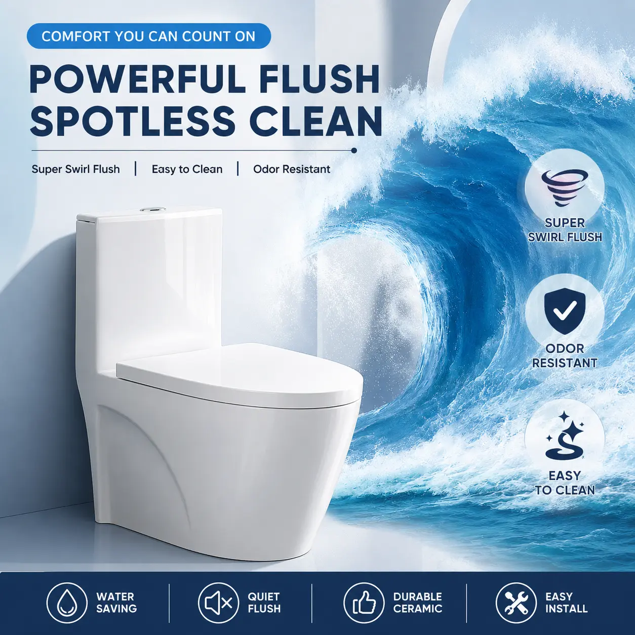 Ceramic 1-Piece Dual Flush Toilet with 360° Swirl Siphon Flush, Fully Glazed Trapway, Easy-Clean Clog-Resistant Design, Soft-Close Quick-Release Seat Cover for Small Bathrooms, Families