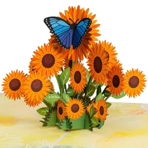 Paper Love Sunflowers Pop Up Card - 3D Floral Arrangement with Blue Butterfly, Orange Buds, and Green Leaves, 5" x 7" Gift for Birthdays & Anniversaries