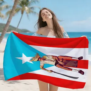 Puerto Rico Flag Print Microfiber Beach Towel, Regional Motifs Cultural Elements, Quick Drying Absorbent Vintage Style Decorative Towel, Anti-Wrinkle Easy Clean Bath Towel, Gifts