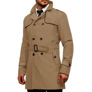 Men's Double Breasted Belted Trench Coat, Flat Lapel Collar Casual Slim Fit Lightweight Trench Coat