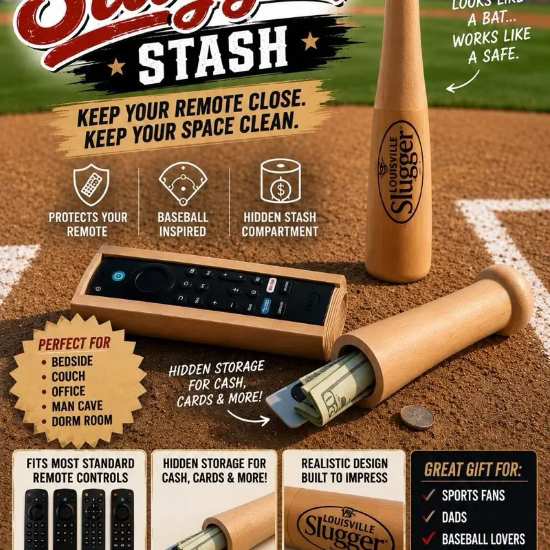 Wooden Baseball Bat Remote Control Holder, Hidden Storage Organizer with Secret Stash Compartment, Novelty Gift for Sports Fans