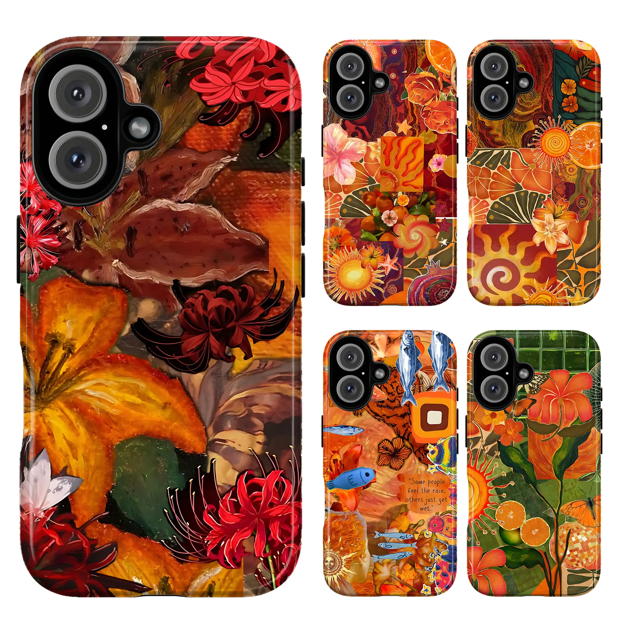 Protective Retro Orange Floral Smartphone Case for iPhone 17-11 Pro Max, Vintage Red Lily Citrus Collage Cover for Handheld Cellphone Devices, Artistic Look Cottagecore Gift for Her, Whimsical Sunset Aesthetic Maximalist Nature Accessory