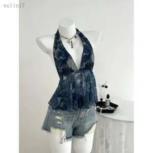 New2025Women's Retro Print V-Neck Halter Tie Back Vest, Suitable For Spring & Summer Vacation Fabric Fit Sleeveless Bohemian
