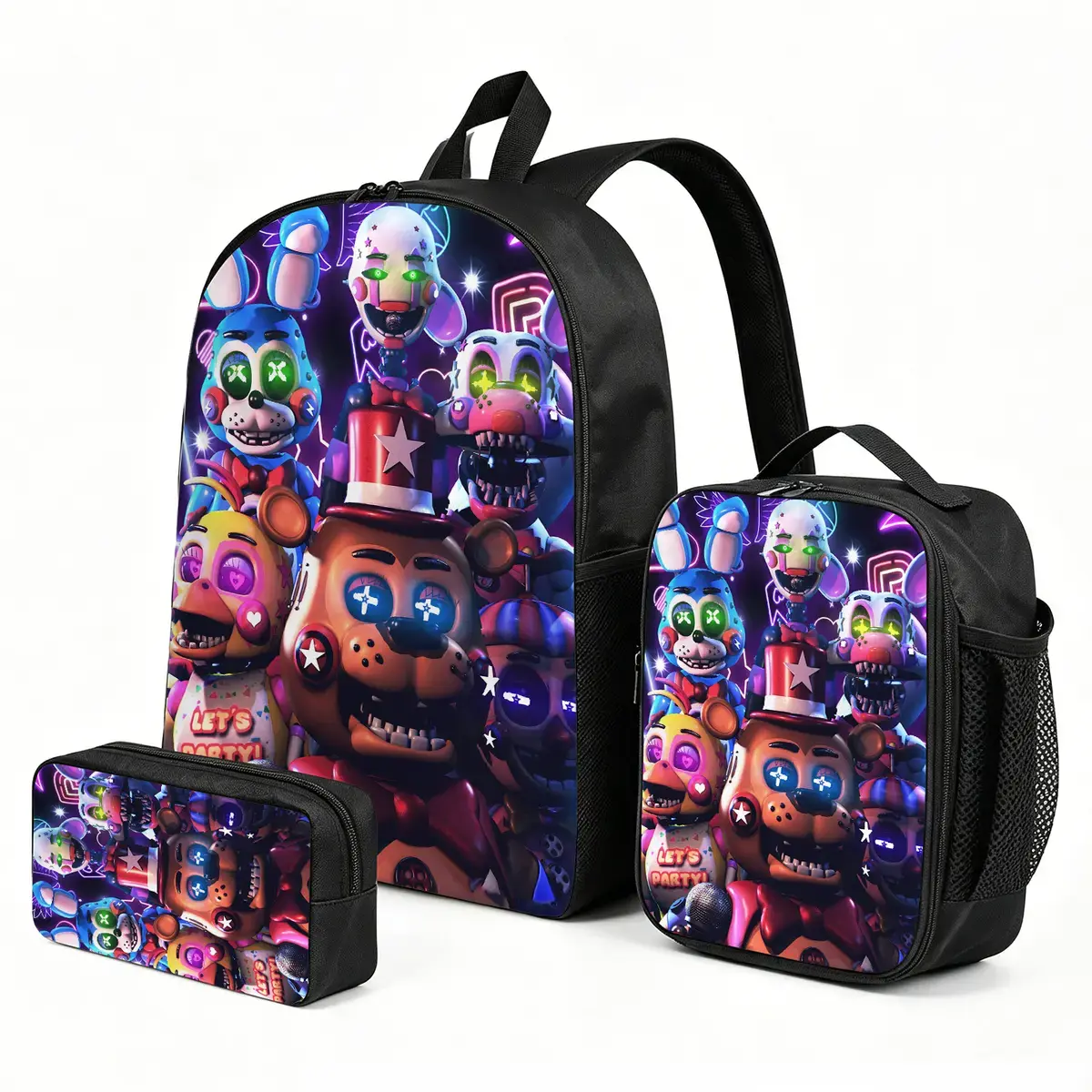 Five-Nights-at-Freddy's 3PCS Kids Backpack Set with Insulated Lunch Bag | Theme Travel Daypack | Cute Print School Bookbag Pencil Case Combo
