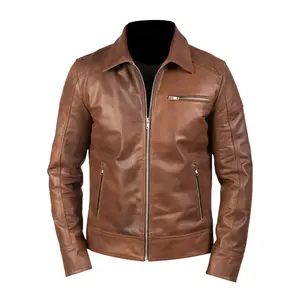 Men's Biker Jacket Brown, Real Sheep Skin, Zippered by Hide Crafts