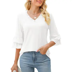Womens V Neck 3/4 Bell Sleeve Tops Frill Neck Tiered Ruffle Sleeve Shirts Casual Spring Summer Loose Tunic Blouses