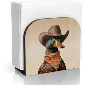 Western Mallard Duck Wood Napkin Holder, Vintage Cowboy Hat Mallard Duck Wooden Standing Napkin Dispenser for Table Kitchen Boys Kids Room Nursery Decorations