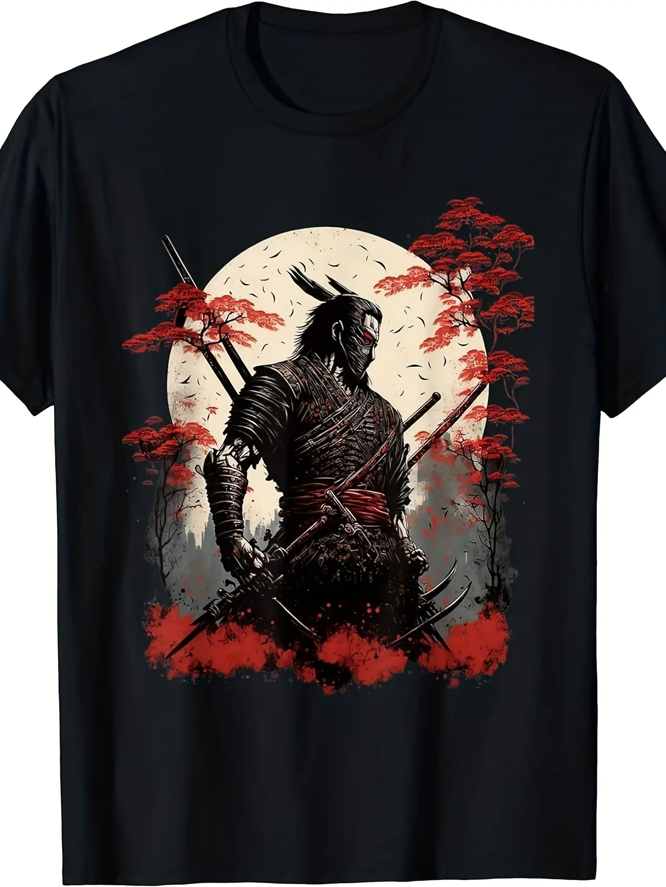 Men's Black Samurai Warrior Graphic T-Shirt - 100 unisex soft cotton short sleeve t shirt, vintage graphic casual tee for men women teens, perfect birthday holiday gift for camping travel gym daily street  wear