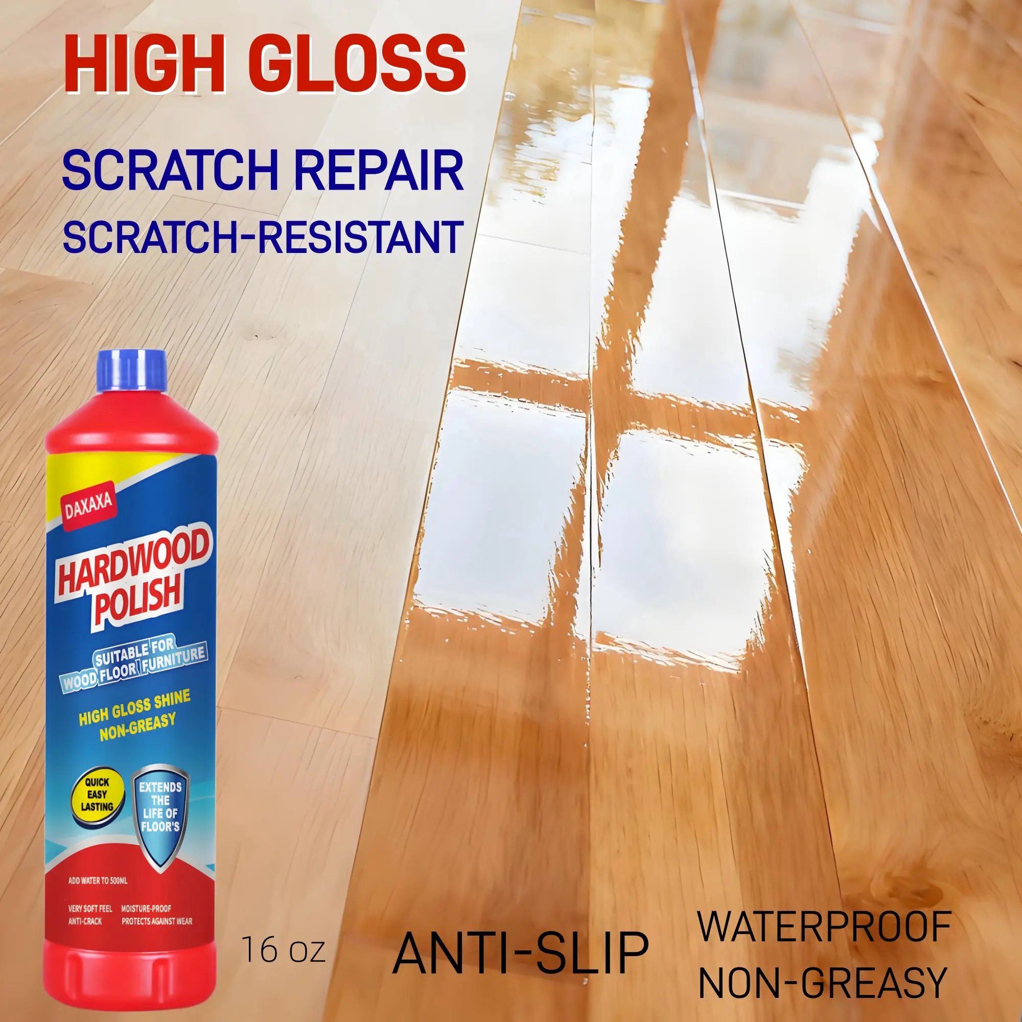 Wood Floor Restorer & Polish 16oz– High-Gloss Finish, Repairs Fine Scratches, Non-Slip, Abrasio and Scrub-Resistant, Moisture-Resistant, Non-Greasy, No Footprints, Easy to Clean,Deep Conditioning, Wax for Hardwood, Laminate Floors & Wood Furniture, DAXAXA