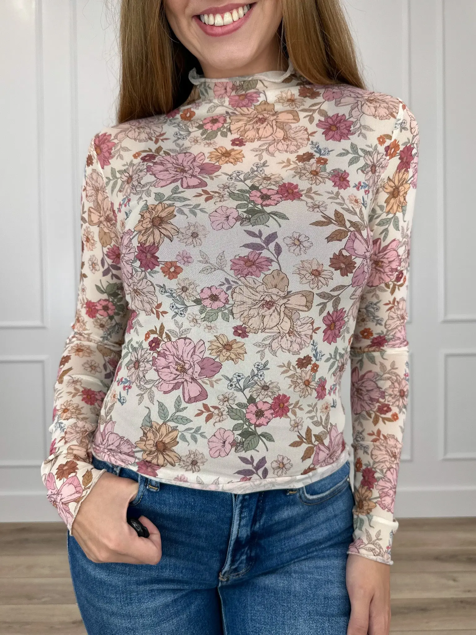 Sophisticated Trimmings Sheer Mesh Long Sleeve Ivory Avery Mae Mom Cropped Top