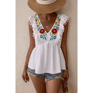 Embroidered Pom-Pom Trim Cap Sleeve Babydoll Top