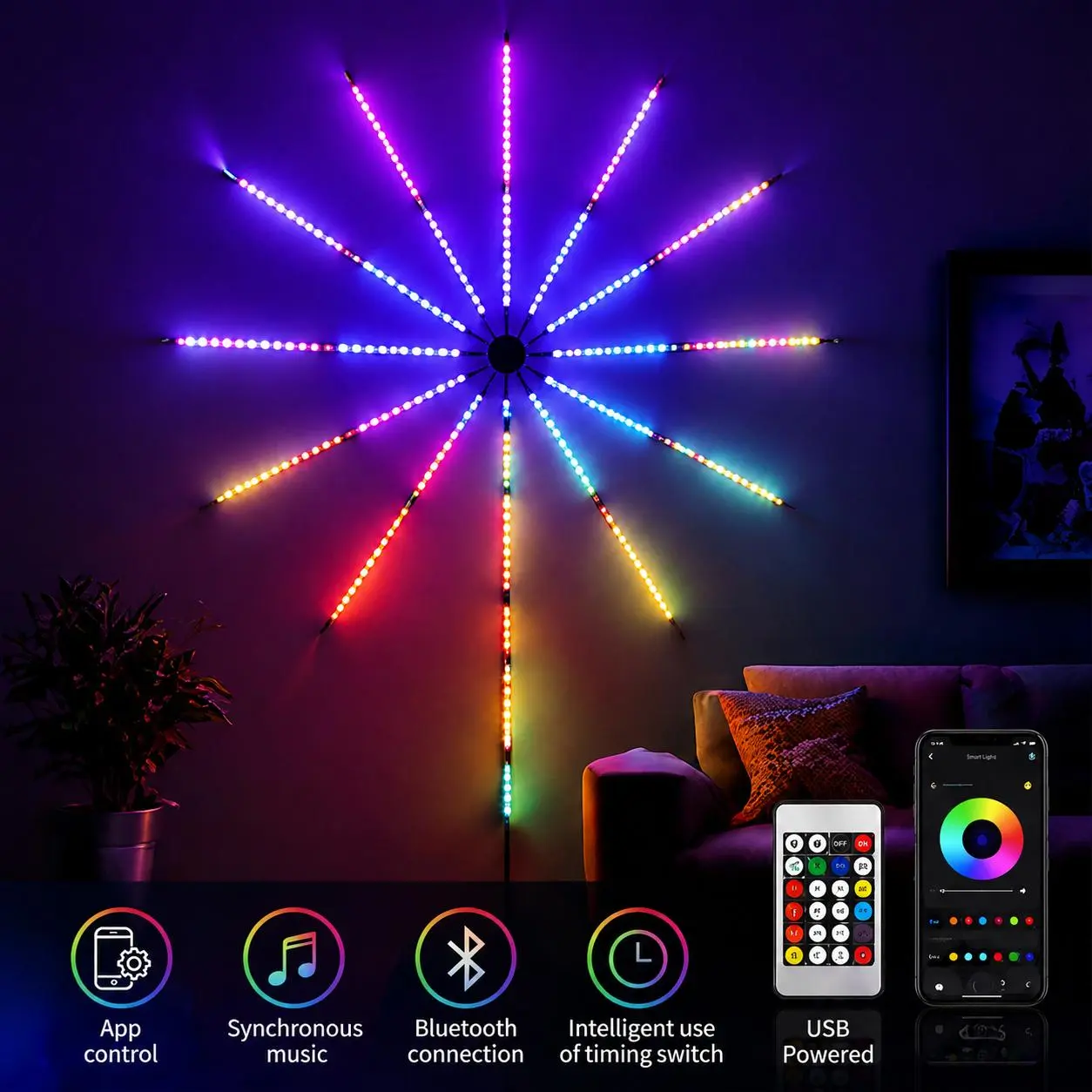 Firework LED String Lights with Bluetooth Music Control, USB Powered Color Changing Fairy Lights, 24-Key Remote Sound Activated Decorative Lights for Bedroom, Party, Christmas & Home Decor
