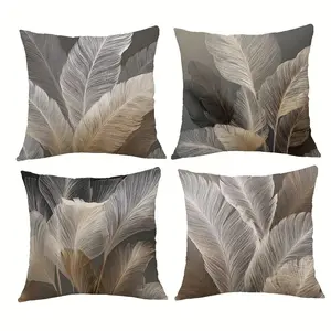Leaf Feather Pattern Decorative Pillow Covers, 4 Piece Set Without Inserts, Hidden Zipper, Easy to Clean, Home Decoration