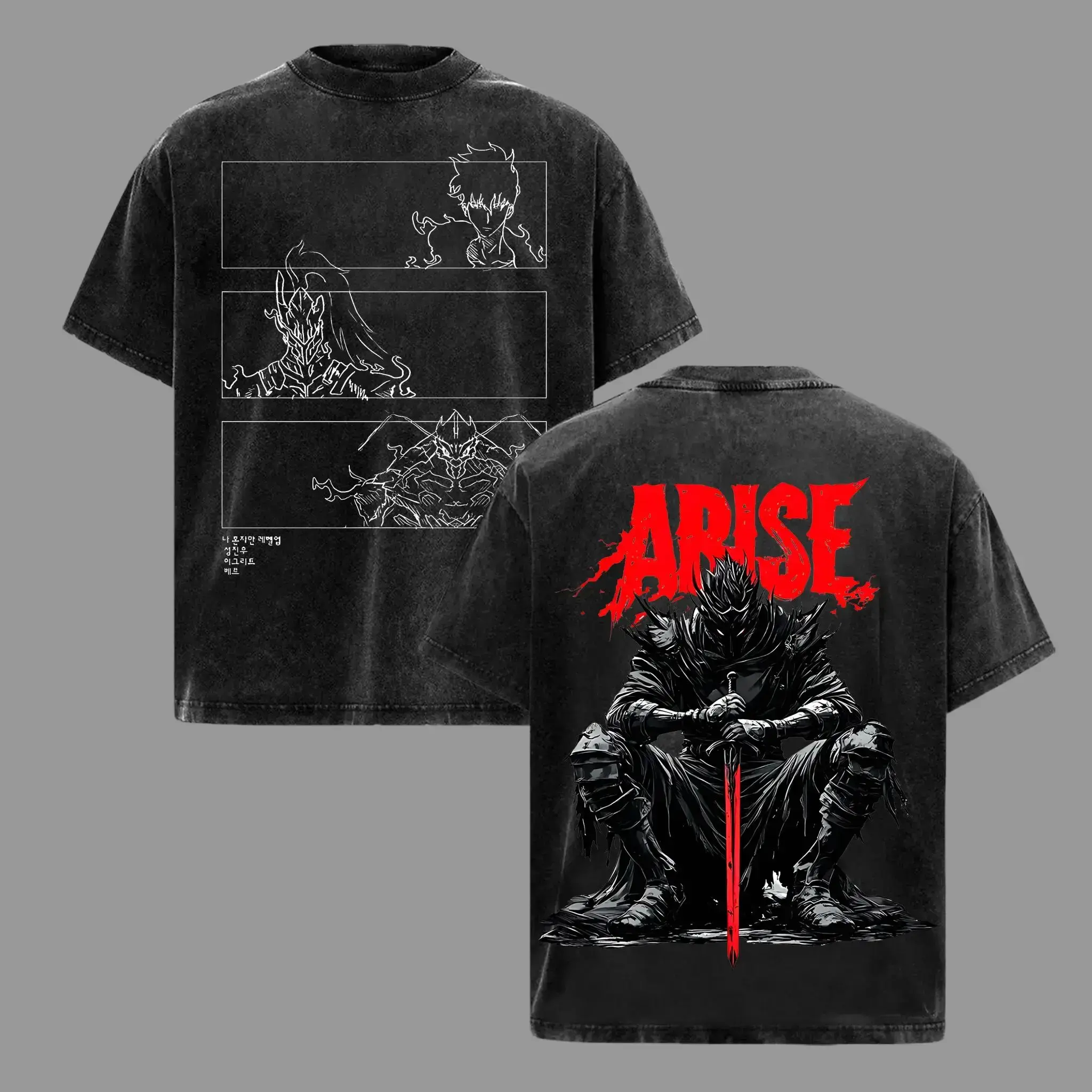 Men's Arise Solo Leveling Anime Streetwear Tshirt - Igris-Beru Shadow Soldiers Sung Jin Woo Double Printed Classic Shortsleeve Oversize Lightweight Acid Washed Graphic Apparel, Casual Top Gift For Anime Fans, Breathable, Cotton, Menswear, Soft, Seamless,