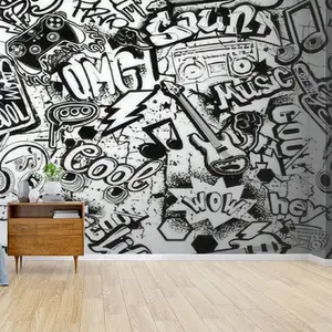 Wallpaper Canvas Print Seamless Black and White Comics Graffiti Pattern Teenagers Self Peel & Stick Mural Decal Sticker Poster Home Craft for Living Room