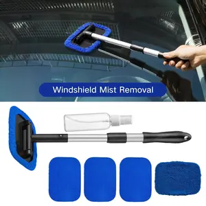 Windshield Cleaner Tool – Microfiber Car Window Cleaner With Extendable Handle & 4 Reusable Microfiber Pads, Auto Inside Glass Wiper Kit for Car, Trucks, SUVs, RVs & Home Wind