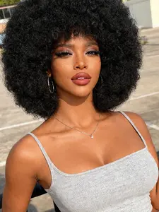 70s Afro Wig With Bangs Curly Wigs for Black Women 12 Inch Afro Kinky Curly Wig Coily Textured Wigs Premium Synthetic Big Afro Wig Synthetic Fiber Wigs