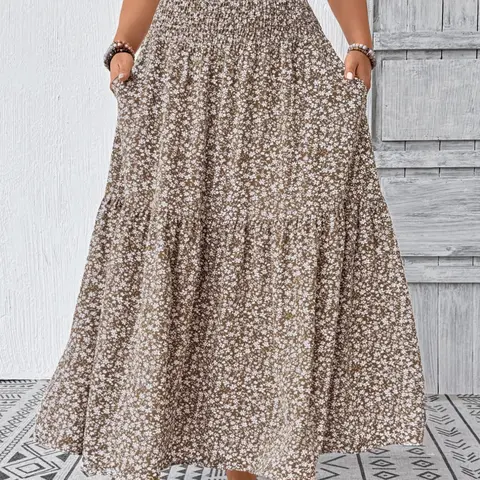 【Black Friday】Women's Plus Size Ditsy Floral Pattern Long Skirt, Casual High Waist A-Line Skirt
