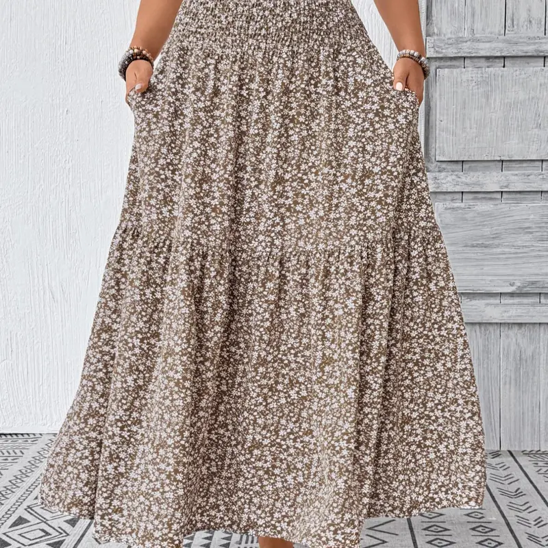 【Black Friday】Women's Plus Size Ditsy Floral Pattern Long Skirt, Casual High Waist A-Line Skirt